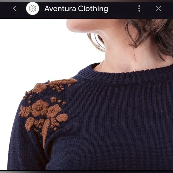 Aventura Merino Wool Blend Sweater Navy Blue w/ Embroidered Floral - Size Small - Picture 5 of 7